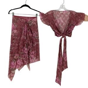 nwot EMA SAVAHL Top Skirt 2PC Set~S Lace Mesh Floral Pink Waist-Tie Slit Stretch